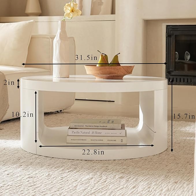 Round Coffee Table with Storage, 31.5" Modern Living Room Table, 2 Tier Circle Wood Center Tables for Apartment, Living Room, Open-Style Storage White Coffee Tables, 31.5"*15.7"(White)