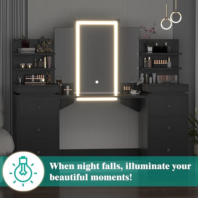 57.1" W Vanity Makeup Table with Lighted Mirror Table with Tri-Folding Mirror, 8 Drawers, 3 Light Modes, Open Storage Shelves, Vanity Table as Gifts for Girls/Women Vanity Must Haves