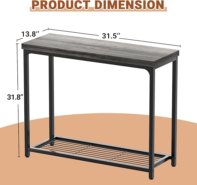 32" Small Console Table, 2-Tier Narrow Entryway Table, Sofa Table with Mesh Shelves, Console Tables for Living Room, Hallway, Entryway, Farmhouse Console Table with Storage, Oak Grey
