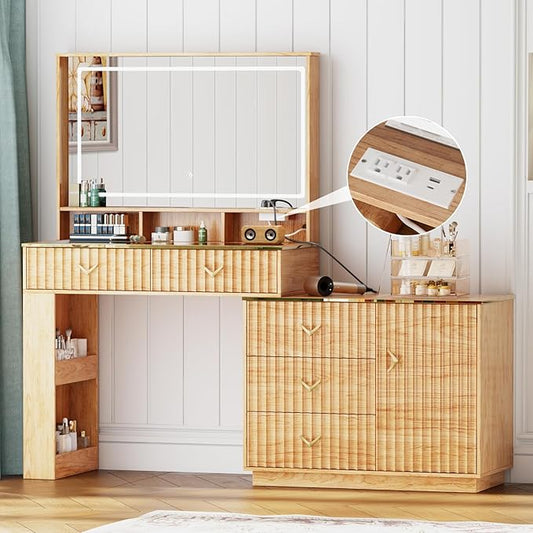 57“Makeup Vanity Desk with Mirror and Lights, Vanity Desk with 5 Drawers & Storage Shelves, Vanity Table with Power Outlet, 3 Color Modes & Adjustable Brightness Dressing Table, Bedroom,Oak