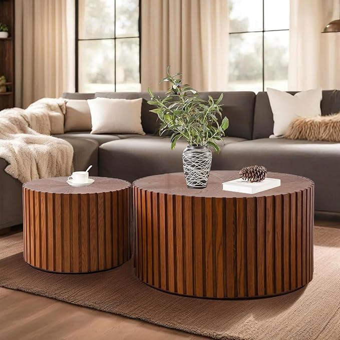 Round Nesting Coffee Table Set of 2, Round Fluted Coffee Tables for Living Room Modern Nesting End Side Tables for Small Spaces (D Brown)