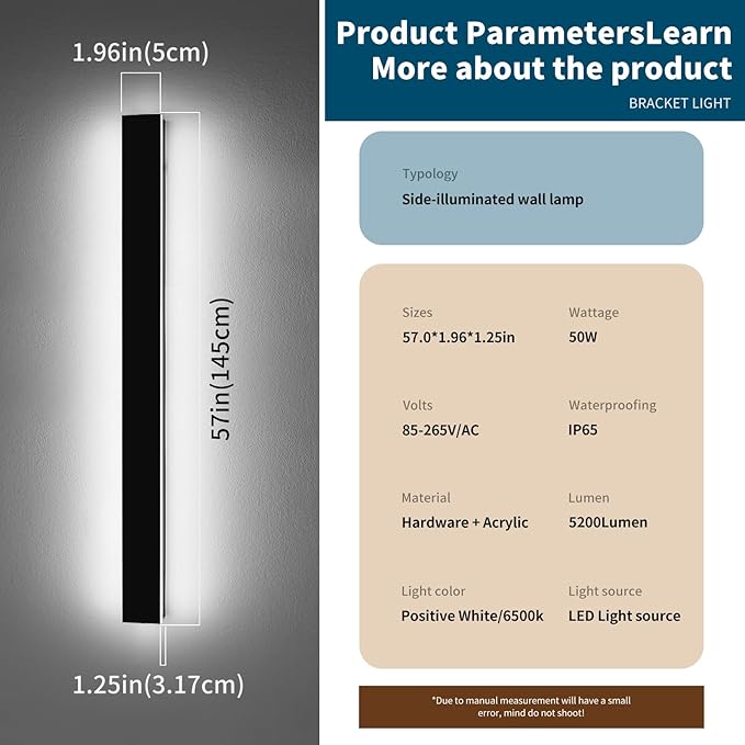 2 Pack 57inch Modern Outdoor Wall Lights, Long Strip Exterior LED Wall Sconce, 6000K Cold White, IP65 Waterproof, 50W, Black Outside Lighting Fixture for Porch, Garden, Fence, Balcony