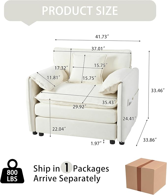 41.73" Oversized Sofa Chair, Chenille Modern Upholstered Armchair, Modular Sectional Sofa for Living Room, Deep Seat Reading Sofa for Bedroom Apartment (White, 41.73 Inch)