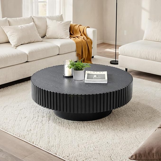 Round Coffee Table for Living Room, 31.5'' Modern Handcraft Drum Coffee Table Unique Fluted Coffee Tables Wood Center Table End Table for Small Space, Farmhouse Apartment Office (Round Black)