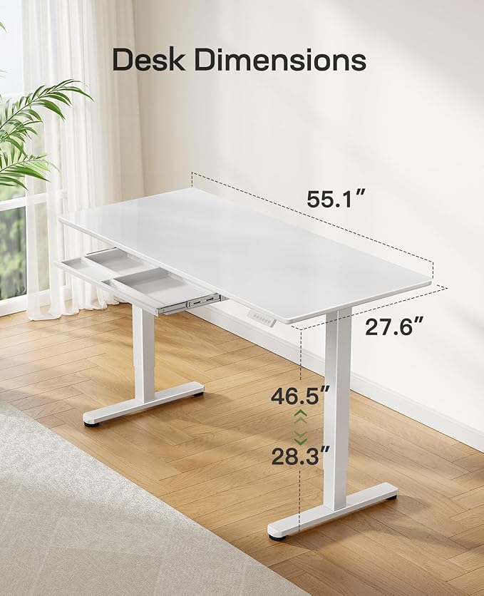 Marsail Glass Standing Desk with Drawer, 55 x 28 Inches Adjustable Desk, Home Office Desks with One-Piece Tempered Glass Top, Ergonomic Home Office Sit Stand Desk with 4 Preset Heights, White