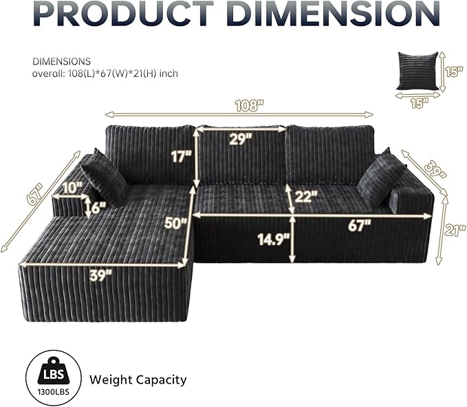 108" Sectional Couches for Living Room, Modular Sectional Sofa with L-Shape Chaise, Boneless Couch, Comfy Corduroy Fluffy Couch with Deep Seat and Side Pockets, No Assembly Required