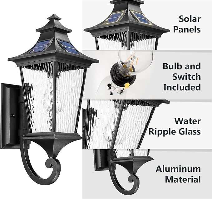 Emliviar Solar Wall Lantern Outdoor, Waterproof Outdoor Sconce Light, Dusk to Dawn LED Exterior Wall Lighting with Water Ripple Glass, Black Finish, 500181-SL SW BK