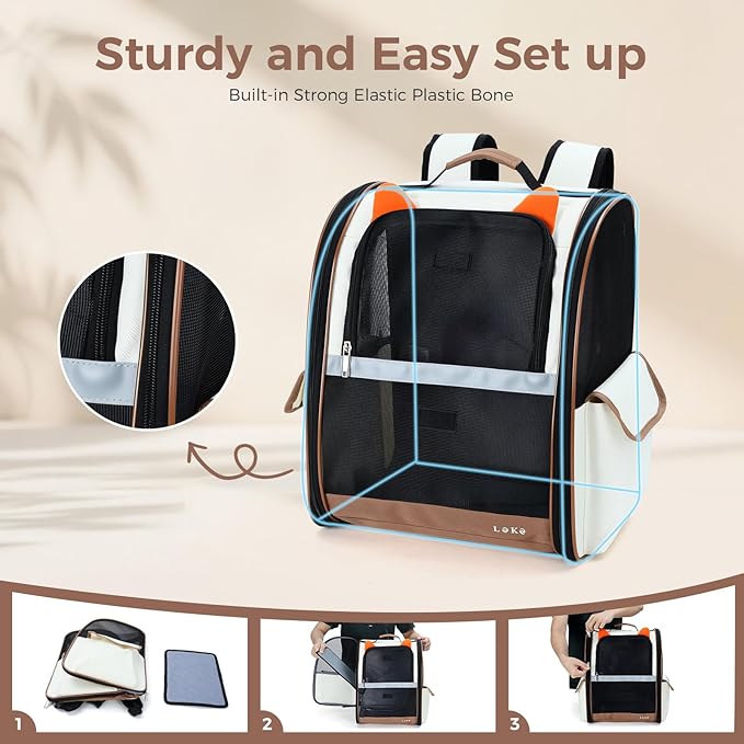 Lekereise Cat Backpack Carrier, Pet Carrier Backpack Airline Approved for Small Dogs Medium Cats Fit Up to 18 Lbs, Dogs Foldable Backpack Carrier for Travel, Hiking, Beige-Orange Ears
