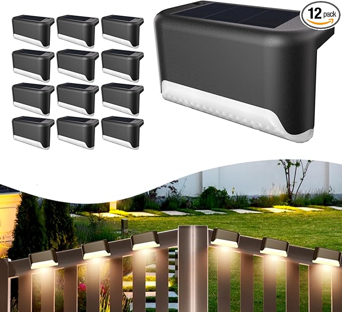 Solar Deck Lights Outdoor, 12 Pcs Solar Step Lights, Waterproof LED Solar Lights for Outdoor Stairs, Step, Fence, Yard, Patio, Railing, Garden and Pathway