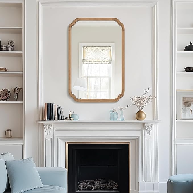 WallBeyond 24" x 36" Rounded Corner Arch Wall Mirror with Wood Frame for Entryway, Living Room or Bedroom Home Decor - Light Woodgrain [24" x 36" Honey-Colored]