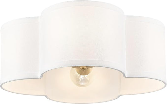 Gold Flush Mount Ceiling Light, 4-Light 14Inch Light Fixtures Ceiling Mount with Fabric Shade in Quatrefoil Shape, Brass Lighting for Nursery Hallway Bedroom Kitchen, AD-22007-4C-GD