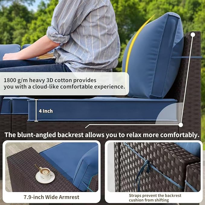 Gotland 13 Pieces Patio Furniture Set with Fire Pit Table Swivel Chairs, PE Rattan Outdoor Furniture Set with 29.5'' High Backrest 4’’ Thick Cushions Coffee Table, Patio Set for Porch, Deck, Navy