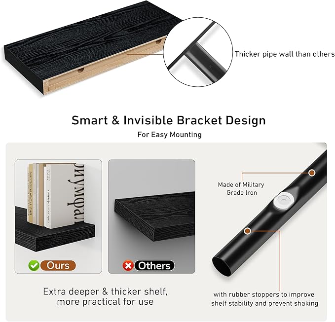 Fun Memories Deep Floating Shelves - 16" W x 9.3" D x 1.6" H Rustic Black Wall Shelf - Wall Mounted Shelves for Storage - Wooden Shelves with Invisible Brackets for Living Room, Farmhouse - Set of 2