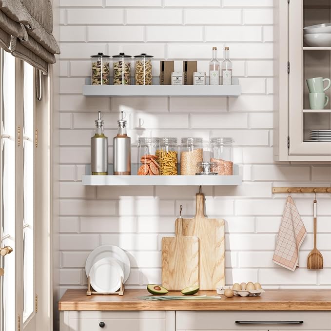 Heimlove Floating Shelves Set of 6, 16" Wall Mounted Picture Ledge, Display Shelf Organizer for Decor Storage, Wall Mounted Shelves for Living Room, Bedroom, Bathroom, Kitchen (White)