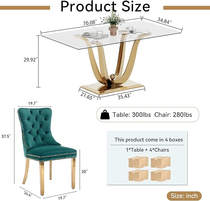 70" Modern Gold Glass Dining Table Set for 4, 5-Piece Rectangle Kitchen Dining Room Table Set with Steel Base & 4 Green Velvet Upholstered Chairs, Modern Glass Kitchen Table and Chairs Set of 4