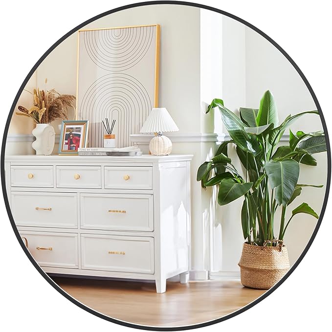 30 Inch Black Circle Wall Mirror, Modern Round Metal Framed Mirror for Bathroom, Entryway, Living Room, Bedroom, Dining Room, Hallway, Decorative Home Décor, Easy Mount