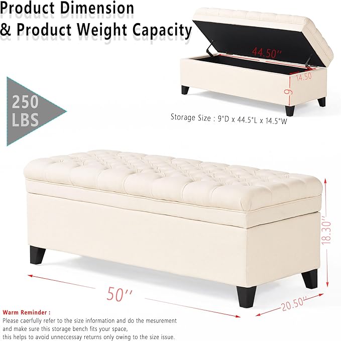 Setawix Linen Storage Benches for Bedroom,50" Bed End Bench with Storage,Tufted Beige Storage Ottoman Bench for Living Room,Rectangle Entryway Benches with Storage and Seating (Beige, Linen)