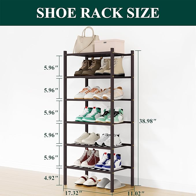 Smiry Shoe Rack, 6 Tier Small Bamboo Shoe Organizer, Stackable Free Standing Wooden Shoe Storage Shelf for Closet, Entryway, Front Door Entrance, Brown