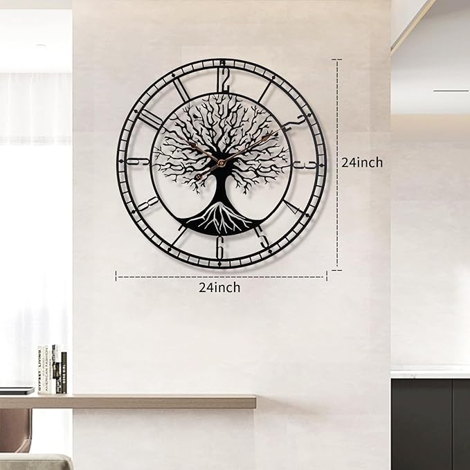 Tree of Life Wall Clock, 24Inch Metal Black Family Tree Oversized Wall Clocks for Living Room Bedroom Home Decor, Modern Silent Mid-Century Battery Operated