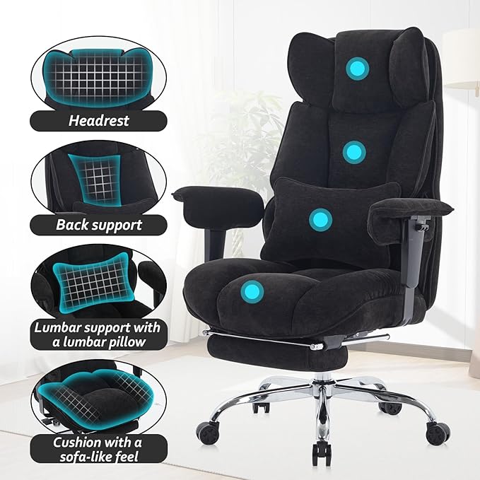 Efomao Executive Office Chair, Soft-Cushioned Computer Chair with Foot Rest, Fabric Home Office Desk Chairs, Big and Tall Office Chairs, Black