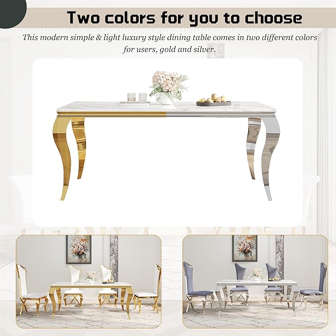 7-Piece Dining Table Set for 6, Modern Dining Room Set with 70'' Marble Dinner Table and 6 High-Back Upholstered Chairs, Stainless Steel Legs Table & Chair Set for Kitchen, Gray & Silver