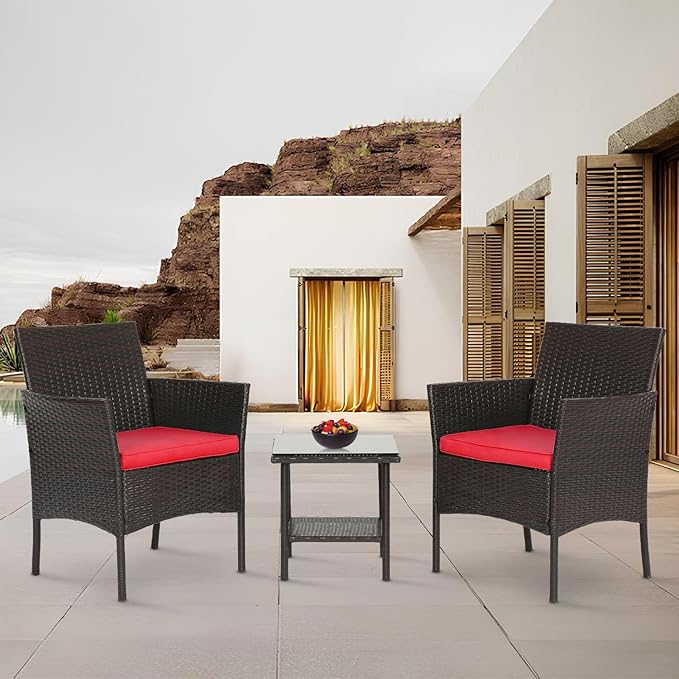 FDW 3 Piece Bistro Conversation Set Patio Brown Wicker Chairs Furniture Outdoor Furniture Set 2 Rattan Chairs with Red Cushions and Glass Coffee Table for Porch Lawn Garden Balcony Backyard