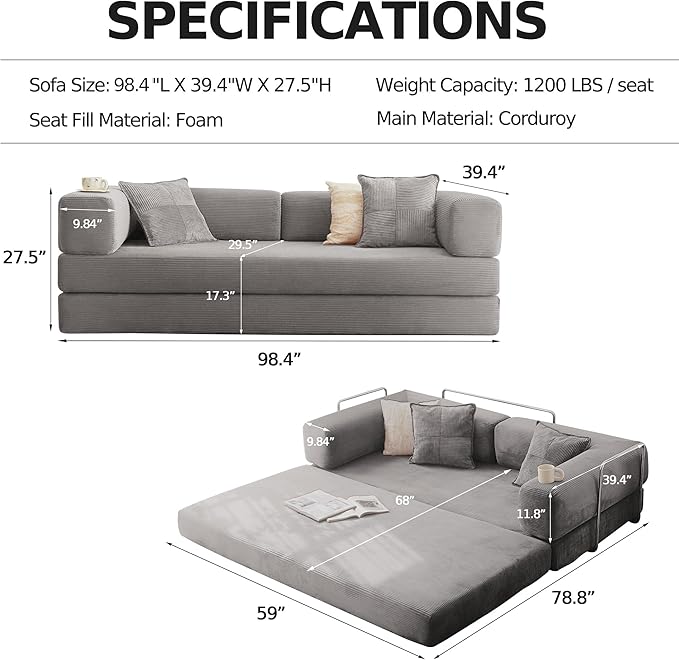 98.4''Convertible Sleeper Sofa Bed,Compressed Floor Boneless Couch,Modular Modern Corduroy Sofa for Living Room Bedroom -with Fixed-Shape Frame and Support Armrest,Easy Assembly(Grey)