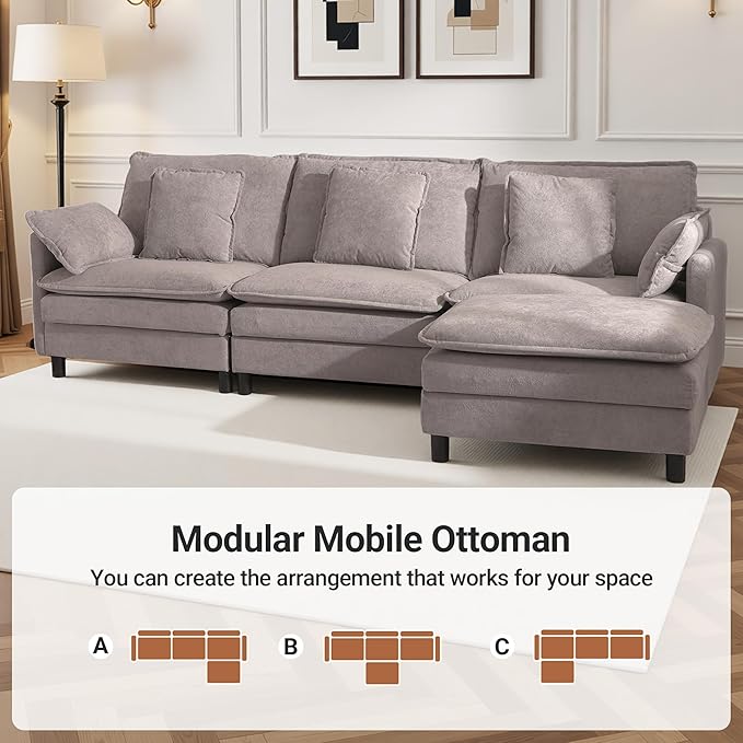 Claiks 110" Modular Sectional Sofa, Cloud Couch with Ottoman, L-Shaped 4-Seater Sofa in Chenille Fabric, Deep Seat Comfy Couch with Pillows for Living Room & Offices, Light Gray