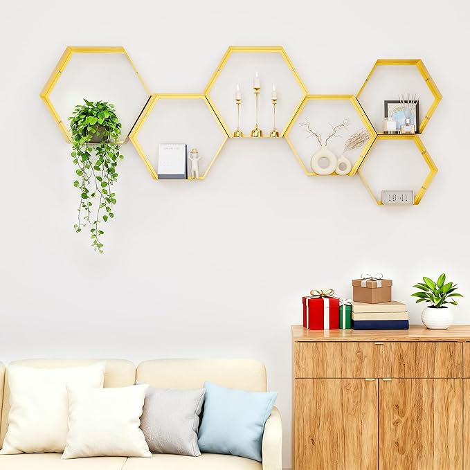 Gonice Gold Metal Hexagon Floating Shelves Set of 6 Honeycomb Wall Shelves Home Decor Shelf for Living Room Bedroom Office