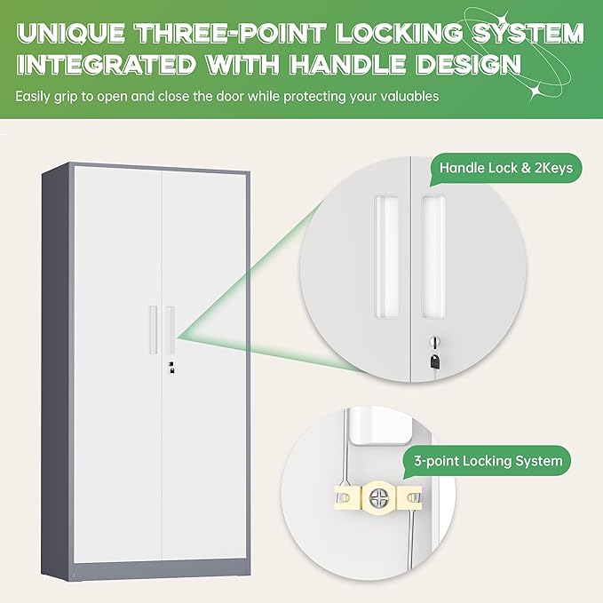INTERGREAT Metal Storage Cabinet, 72" H Lockable Steel Cabinets with Locking Doors, Storage Locker with Adjustable Shelves for Office, Home, Garage, Gym, School (White Grey)