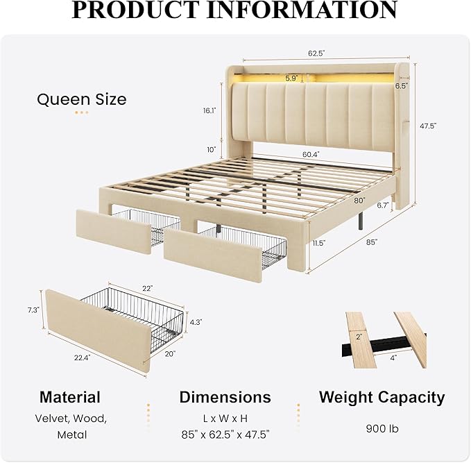 SHA CERLIN Queen Platform Bed Frame with Vertical Channel Tufted Wingback Headboard & 2 Storage Drawers/2-Tier Shelves with LED Lights & Charging Station/Noise-Free/No Box Spring Needed/Beige