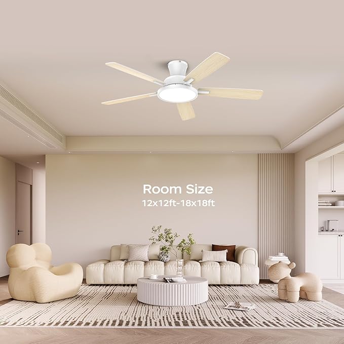 TALOYA Ceiling Fans with Lights and Remote, 52 inch Low Profile Ceiling Fan with Nightlight, Flush Mount, Reversible, 3CCT, Dimmable White Modern Ceiling Fan for Bedroom, Living Room, Outdoor Patio
