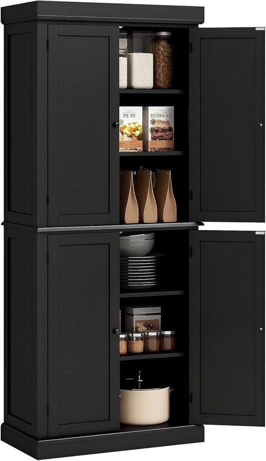 HOMCOM 72.5" Freestanding Kitchen Pantry Cabinet, Tall Storage Cabinet with 4 Doors and 2 Adjustable Shelves for Dining Room, Black