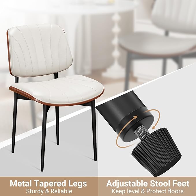 Dining Chairs Set of 8, Mid-Century Modern Upholstered PU Leather Chairs with Walnut Bentwood Back and Metal Legs Adjustable Feet for Kitchen Dining Room, Off-White Shell Strips