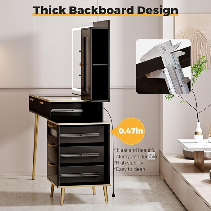 47.24" Big Modern Vanity Desk with Mirror and Lights, Vanity Desk with 29.53" HD Lighted Mirror, Makeup Vanity with 5 Drawers and Storage Shelves and Charging Station, Black2