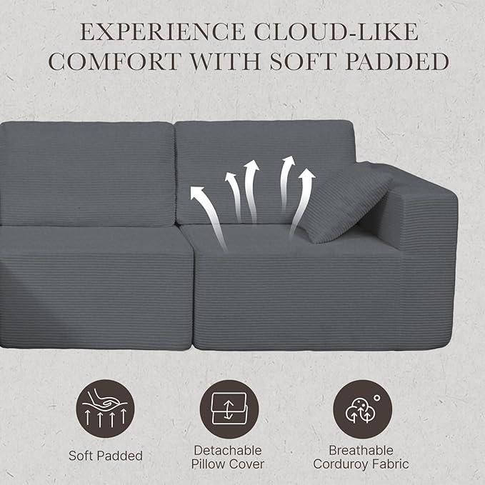 108” Modular Sectional Sofa Couch with Ottoman, 3-Seater Boneless Couch, L Shape Sectional Sofa Compressed Sofa for Living Room Bedroom, No Assembly Needed (Grey, 3 Seats+1 Ottoman)