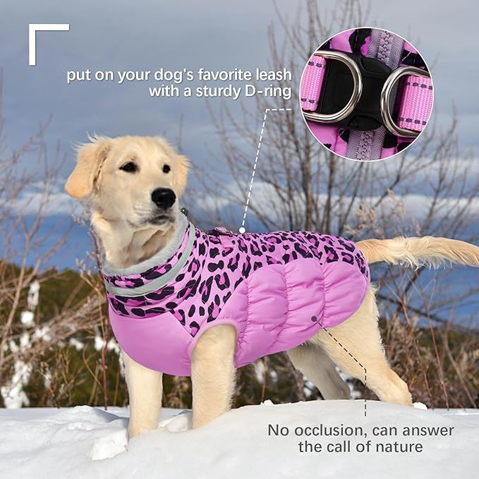 FUAMEY Dog Coat for Medium Dogs,Waterproof Dog Winter Jacket with Harness Built in Puppy Cold Weather Coats Reflective Pet Vest with Zipper Warm Fleece Dogs Snowsuit Windproof Pink Leopard M