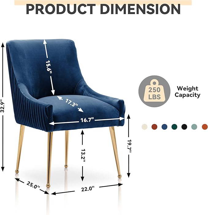Dining Chairs, Accent Chairs Set of 2, Modern Upholstered Kitchen Dining Chairs with Gold Legs, Fabric Tufted Velvet Living Room Chairs for Reception Room Bedroom Kitchen(Navy Blue)