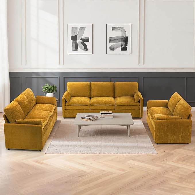 3 Pieces Chenille Sofa Set w/Arm Pillows, Upholstered Loveseat & 2 Pieces 3 Seater Sofa w/Comfortable Back Cushions, Modern 2-Seat & 3-Seat w/High-Density Foam for Living Room, Yellow