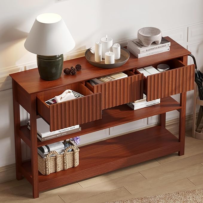 Treocho 47" Console Tables for Entryway, Fluted Entryway Table with Drawers and Shelves, Narrow Sofa Table Behind Couch Table for Entrance, Hallway, Living Room, Cherry Brown
