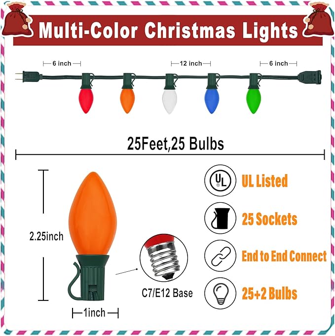 Couah Christmas Lights, 25Ft C9 Vintage Christmas String Lights with 27 Multicolor Ceramic Incandescent Bulbs, Hanging String Lights for Indoor Outdoor Tree Christmas Decorations (Green Wire)
