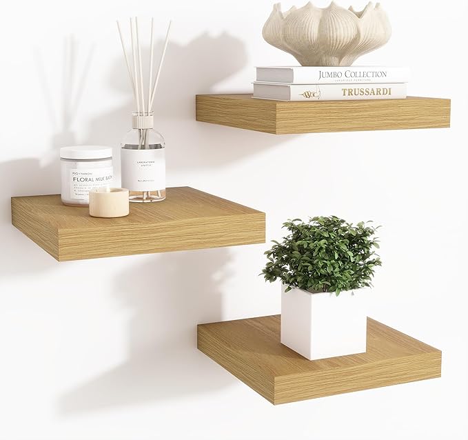Fun Memories Floating Shelves for Wall - 7.5 Inch Square Shelves with Invisible Brackets, Small Wall Shelf for Living Room, Bathroom, Bedroom, and Kitchen Decor，Oak Set of 3
