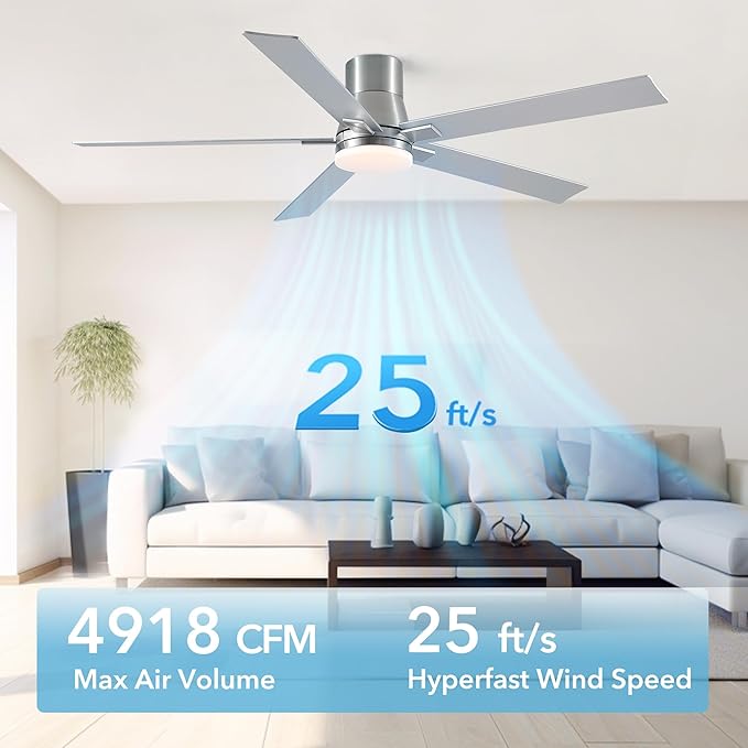 Rayqueen 60 Inch Ceiling Fans with Lights and Remote,Flush Mount Brushed Nickel Ceiling Fan,6 Speed Reversible DC Motor,3CCT Dimmable LED-Low Profile Design for Bedroom, Living room & Covered Outdoor