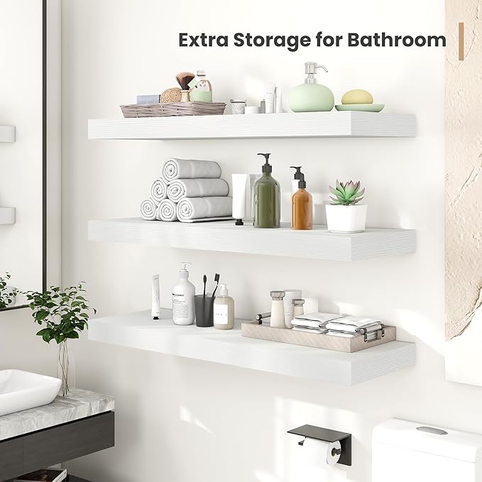 Heimlove 12" Deep Floating Shelves, 36 x 12 Inch Wall Mounted Long Floating Shelf with Invisible Brackets, for Home Decor, Bedroom, Kitchen, Living Room, Bathroom - 2 Pack, White