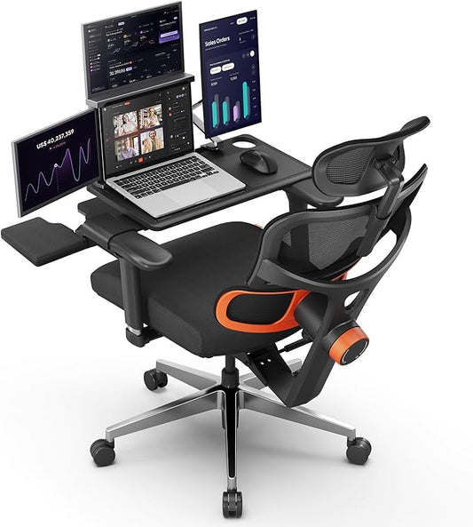 Newtral Ergonomic Office Chair with Fully Adaptive Lumbar Support, 136°Tilt Function, Computer Desk Chair with Soft 4D Armrest, Adjustable Headrest (Supreme with Laptop Tray, Black)