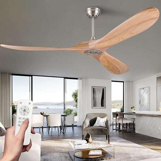 60 Inch Ceiling Fan no Light, Quiet Reversible DC Motor Wood Ceiling Fan Without Light, Modern Ceiling Fan with Remote Control for Outdoor Indoor Farmhouse Patios(Brushed Nickel+Natural Wood)