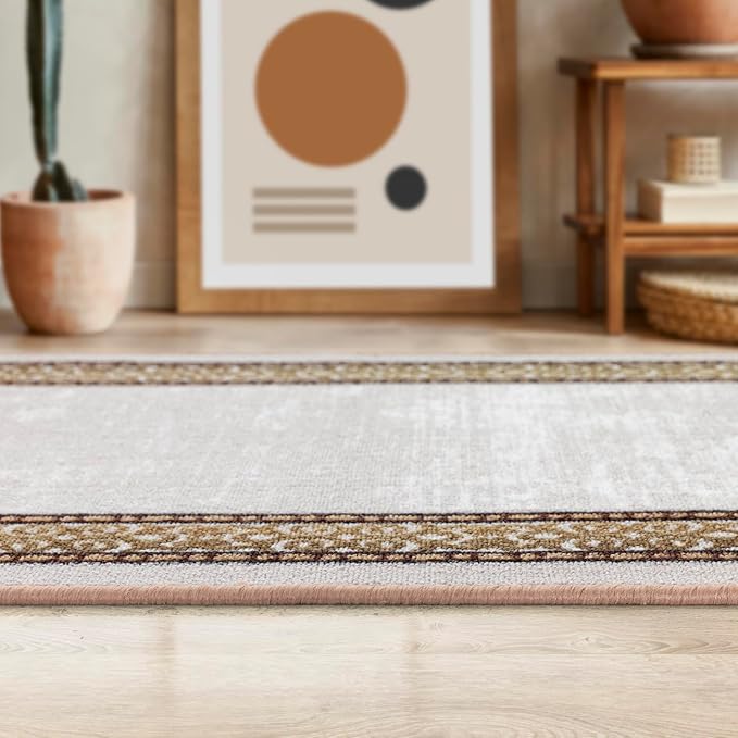 Antep Rugs Alfombras Bordered Modern 2x7 Non-Slip (Non-Skid) Low Pile Rubber Backing Indoor Area Runner Rug (Beige, 2' x 7')