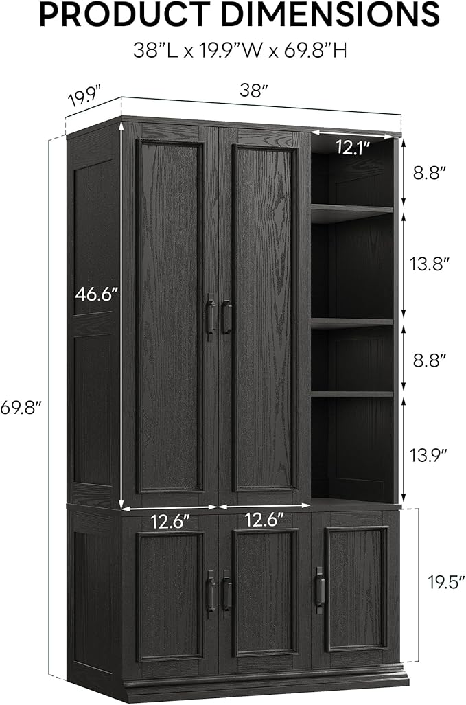 LIKIMIO Armoire Wardrobe Closet 70" H, 5 Doors Bedroom Wooden Wardrobe with 4 Storage Shelves and Hanging Rod, Clothing Storage Cabinet Organizer Combination, Black