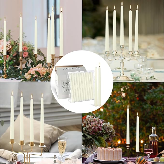 100Pack Ivory Taper Candles, 7-8 Hours Burn Time, Unscented, Smokeless and Dripless, 0.75 x 10 Inch Dinner Candle Set for Household, Wedding, Party and Home Décor Candlesticks