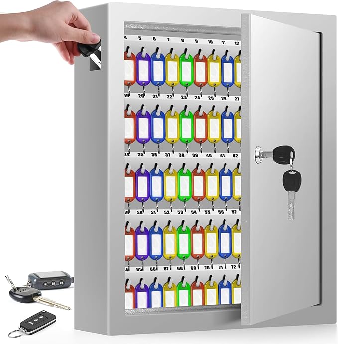 125 Key Lock Box Wall Mount with Anti-Theft Deposit Key Slot, White Key Cabinet with Key Hooks & 125 Tags Key Labels, Key Safe for Hotels & Office & Companies & Car Dealerships